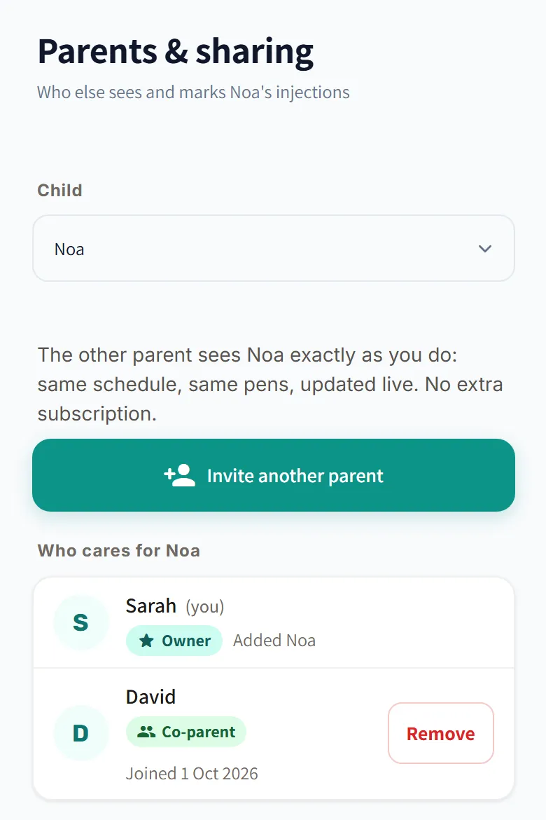 The “Parents & sharing” page for Noa: an “Invite another parent” button and the list of who follows Noa: Sarah, the owner, and David, a co-parent.