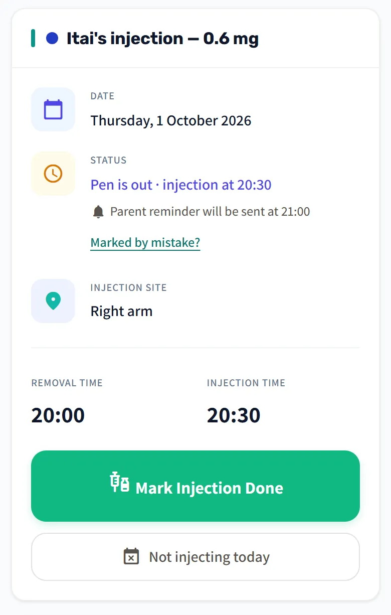 Itai's injection card for today: Thursday, 1 October 2026; “Pen is out · injection at 20:30”, a parent reminder at 21:00; injection site right arm; removal 20:00 and injection 20:30; “Mark Injection Done” and “Not injecting today” buttons.